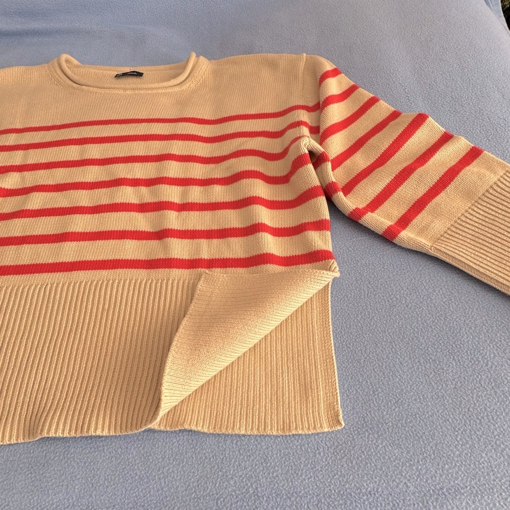 Gap 100% cotton tan & coral striped ladies Medium roll neck sweater